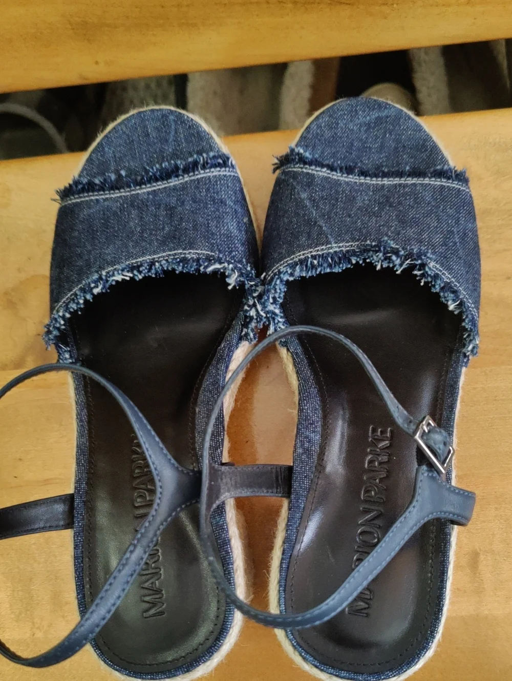 Marion Parke Frayed Denim Platform Espadrille Wedge Sandals Size 37